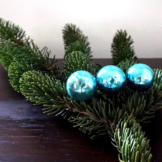 Vintage Blue Christmas Balls Very Small Foiled Oxidized Tiny Ornaments Glass Balls Set of 3 Holiday Mini Tree Trim Silvered Mercury Glass