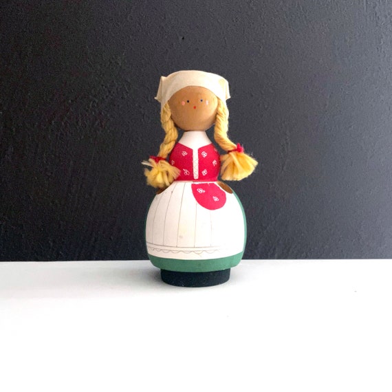 Vintage Swedish Girl Wood Folk Art Sweden Souvenir Marked Gotland Scandinavian Woman Blonde Braids Hand Painted Doll Green Red White Arpon