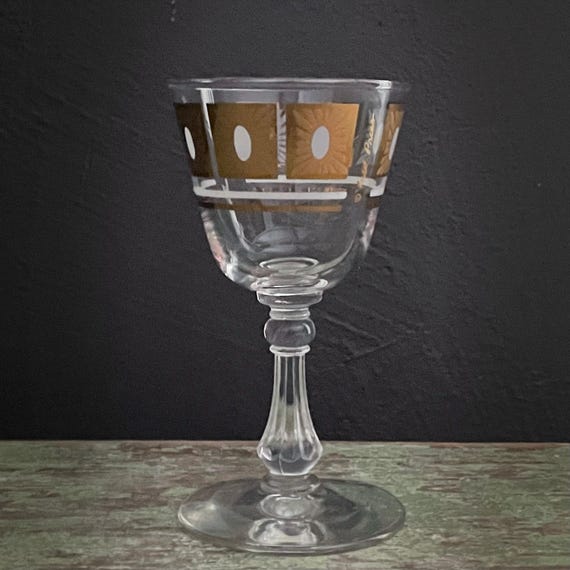 Vintage Fred Press Glass Gold Sunburst Pattern Cordial Glass Sun Block Golden Starburst Mid Century Glassware Small Wine Glass MCM Rare Find