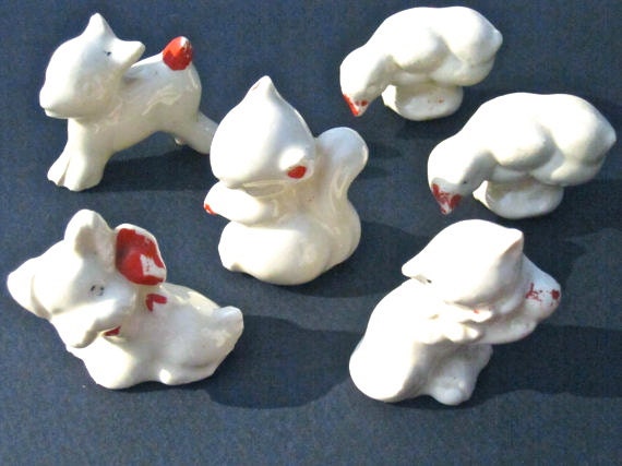 Vintage White Animals Ceramic Shabby Figurines Red White Farm Animals Cat Deer Squirrel Scotty Dog Ducks