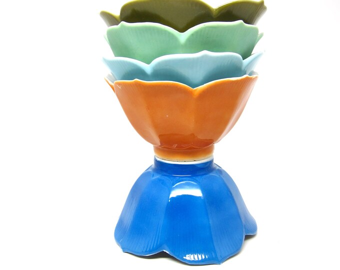 Vintage Lotus Bowls Rice Japanese Orange Green Blue Set Etsy