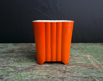 Vintage Cactus Pot Anchor Hocking Orange Glass White Interior Small Planter Deco Look Rare Vitrock Look Square Cup Fluted Footed HAS A CHIP