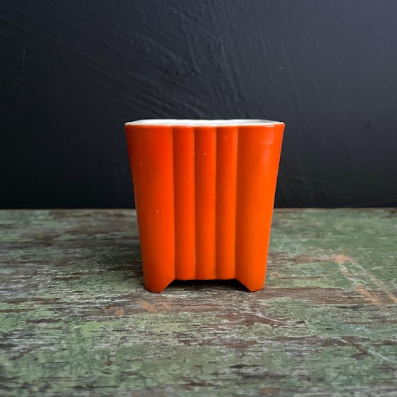 Vintage Cactus Pot Anchor Hocking Orange Glass White Interior Small Planter Deco Look Rare Vitrock Look Square Cup Fluted Footed HAS A CHIP