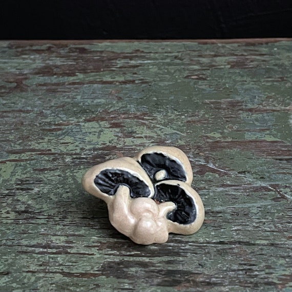 Vintage Mushroom Brooch Ceramic Glazed Off White with Navy Blue Caps 3 Mushrooms Pin Woodland Costume Jewelry Anne Rice Handmade Ceramics