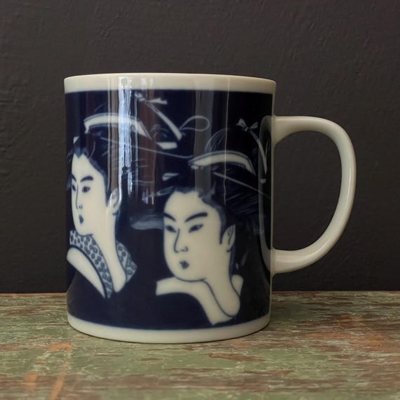 Vintage Geishas Mug Sat Gordon Design Blue and White Porcelain Coffee Cup with Handle HAS A FLAW