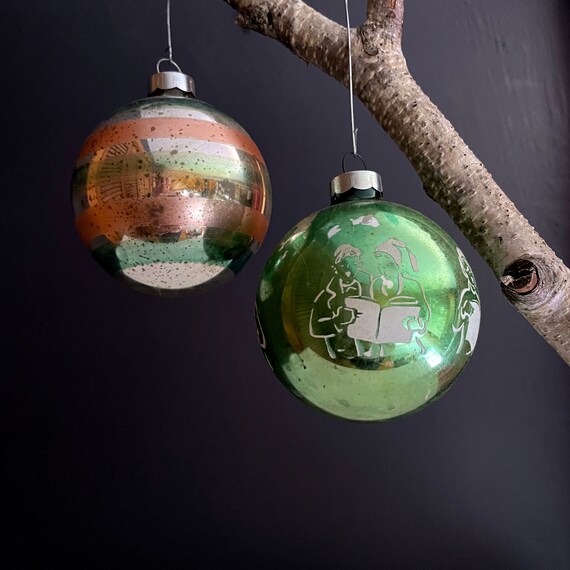 Vintage Christmas Balls Silvered Green Carolers White Mica Stenciled Ball Rare and Aqua Green Gold Striped Silver Ball Ornament Mid Century