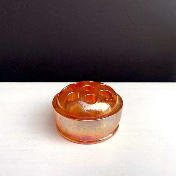 Vintage Flower Frog Carnival Glass Marigold 8 Holed Iridescent Peach Pin Frog Domed Flower Arrangement Holder Orange Lustre Glass Frog 1950s