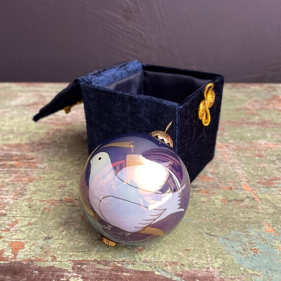 Vintage Glass Ornament Purple Chinese Reverse Painted Li Bien Christmas Ball Peace Dove 2001 Tree Trim in Original Velvet Box Pier 1 Imports