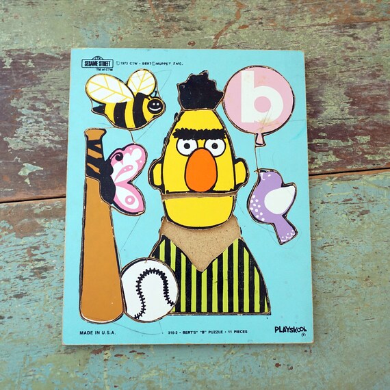 Vintage Wood Puzzle 1970s Playskool Bert Sesame Street Puzzle Muppet Aqua Background Letter B Bee Bird Balloon Board Puzzle Missing 1 Piece