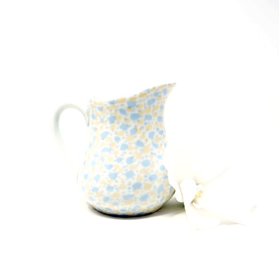Vintage Creamer Speckled Pale Blue-Grey Yellow White Porcelain Cream Pitcher Small Porcelaines Ulysse Paris France Rare Pattern Pastel Spots