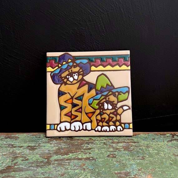 Vintage Cat Trivet Art Tile Cats Wearing Sombreros by Earthtones Tucson Arizona Southwestern Style Kitsch Kitchen 1990s Kitty Lover Gift