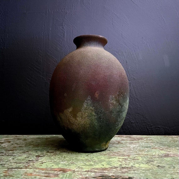 Vintage Raku Vase Small Iridescent Metallic Textured Surface Charcoal Jewel Toned Finish Bulbous Vessel Handmade Pottery Japanese Raku-Fired