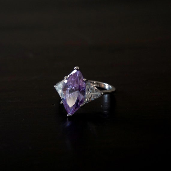 Vintage Purple Ring Violet Cubic Zirconia Marquise Cut Flanked By Triangle Cut Clear Cubic Zirconia Faux Diamonds Silver Thin Band Size 8