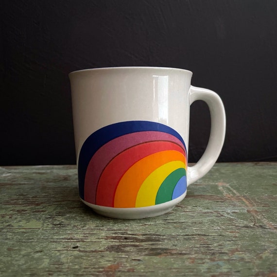 Vintage Rainbow Mug 1980s Graphic Rainbow Print Coffee Cup Ceramic Sunny Korea Pride Mug