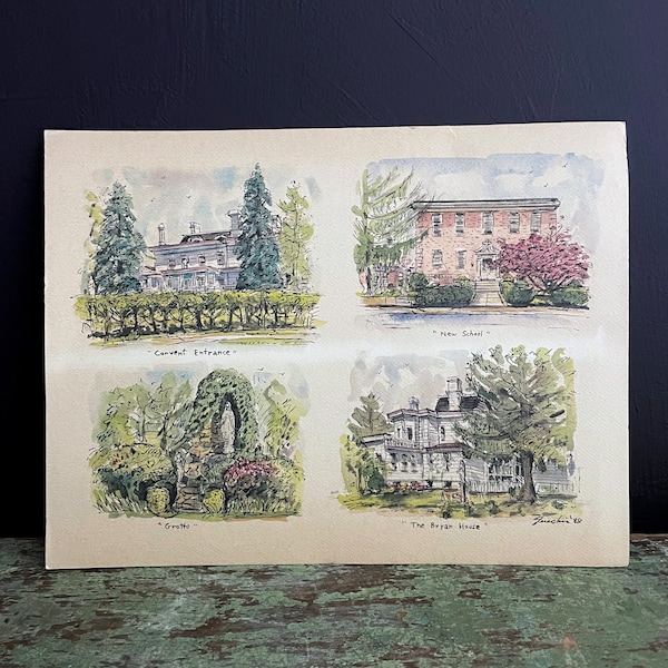 Vintage Original Watercolor Painting Signed Garachia '88 Catholic Convent Bryan House Grotto New School 4 Architectural Vignettes 14" x 11"