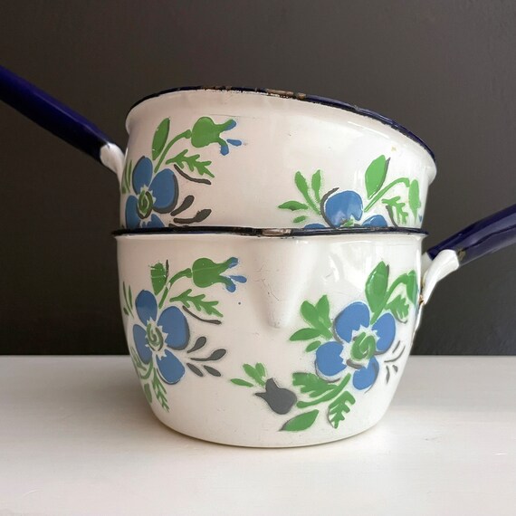 Vintage Sauce Pans Enameled Huta Silesia Polish Small Pots Enamelware White Blue Floral Tinware Made in Poland 60s Small Saucepans Set of 2