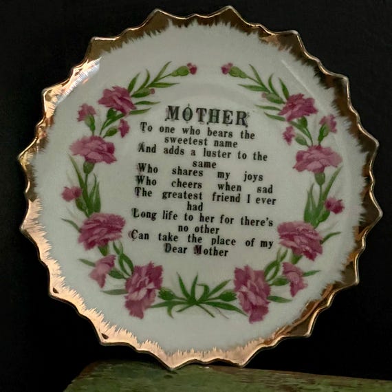 Vintage Mother Plate Wall Decor Dear Mother Poem Dish Gold Pink Carnations Mother's Day Gift