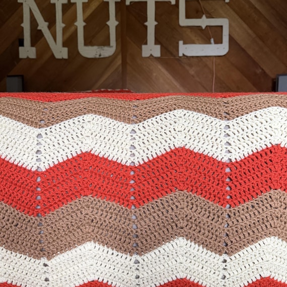 Vintage Afghan Chevron Stripe Orange Cream Tan Crocheted Blanket Large 92" x 92" Full/Queen
