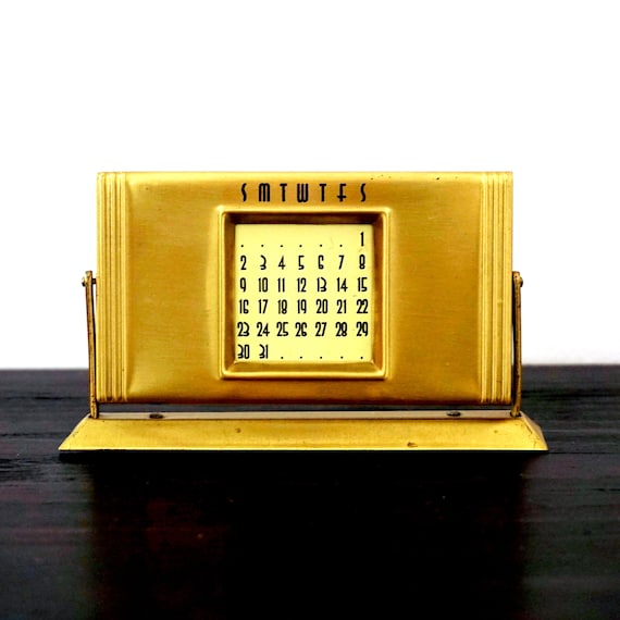 Vintage Desk Calendar Deco Style Small Slide Over 50 Year Calendar 1990-2040 Reusable Yearly Calendar on Stand Gold Toned Perpetual Calendar