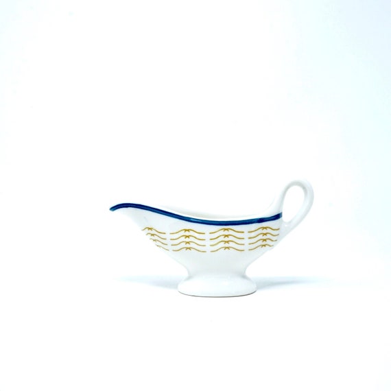 Vintage Tiny Gravy Boat Syracuse China 93-G 60s Blue Gold Pattern White Restaurant Ware Individual Gravy Boat Single Serve Genie Lamp Shape