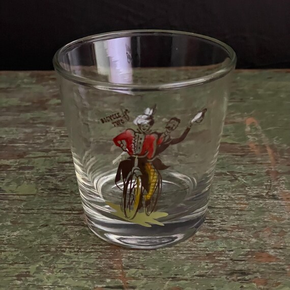 Vintage Rocks Glass Bicycle for Two Hazel Atlas Glassware Gay Nineties Victorian Couple on Bike Mid-Century Barware Low Ball