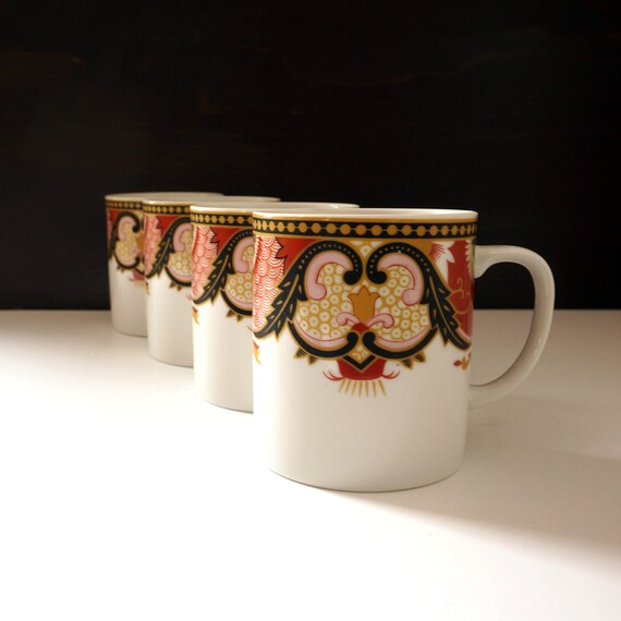 Vintage Georges Briard Mugs Set of 4 Imperial Imari Inspired by Antique Oriental Porcelain Ornate Navy Burgundy Pink Green Design White Mug