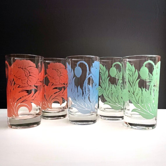 Vintage Poppy Glass Set of 5 Glasses Pink & Green 2 Each Poppies One Blue Poppy Flower Tumbler Federal Glass 10 oz Capacity 5" Tall Hi Balls