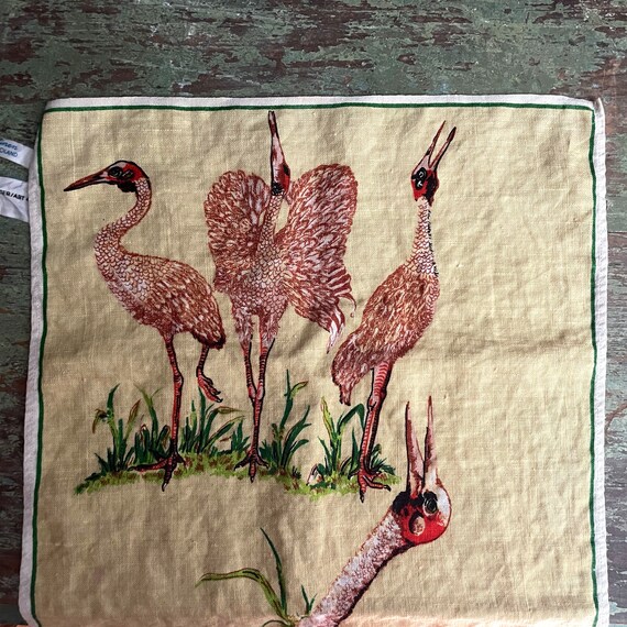 Vintage Linen Tea Towel Australia Souvenir Brolga Bird Australian Crane Dishtowel Made in Poland Unused Dish Towel Dancing Cranes Courtship