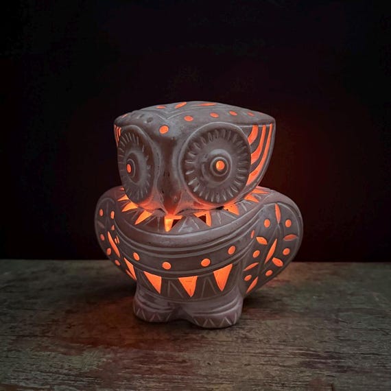 Vintage Owl Lantern Terracotta White Washed Etched Open Cut Out Design OwlsCandle Holder