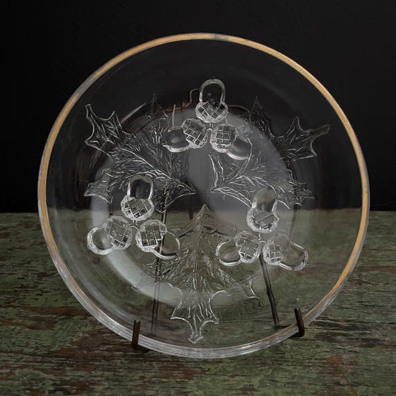 Vintage Glass Bowl Acorn Oak Leaf Federal Glass Footed Bowl Shallow Gold Rim Pressed Glass Dish with Feet