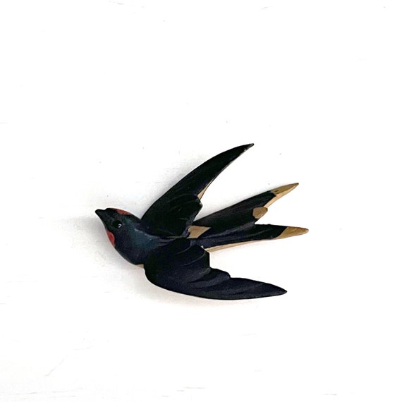 Vintage Bird Tiny Wood Sparrow Carved Painted Black Salvaged Wood Carving Small Starling for Repurpose
