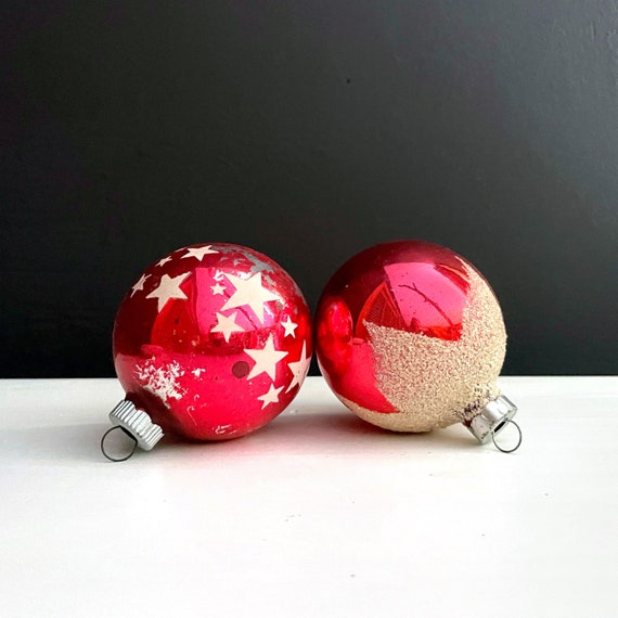 Vintage Red Ornaments Christmas Balls Silvered Red White Stars Print Shiny Brite Ball and White Mica Glitter Snow Capped Red Ball Tree 60s