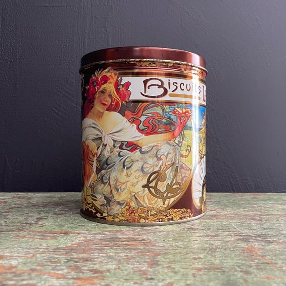 Vintage Biscuits Tin Lefevre-Utile Alphonse Mucha Art Repro Shortbread Cookie Packaging Art Nouveau Design Maurice Lineal Cooky Co 1998