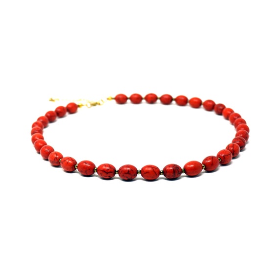 Vintage Red Turquoise Necklace Faux Bead Strand Engineered Stone Crimson Black Vein Oblong Beads Alternated Small Gold Tone Spacer Beads 24"