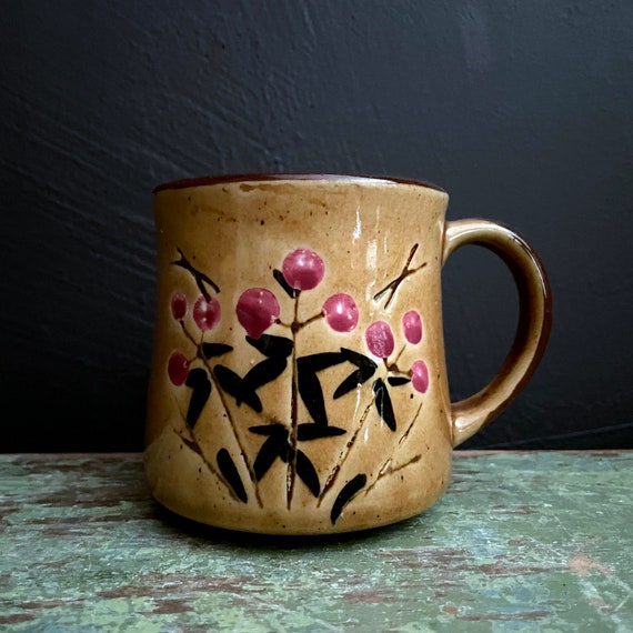 Vintage Mug Stoneware Floral Brown Glazed Mug Pink Flowers Coffee Cup Handmade Pottery 1970s Mug