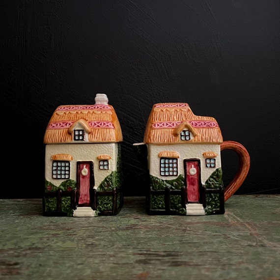 Vintage Cottageware Creamer and Sugar Bowl with Lid Ceramic Thatched Roof English Country Cottage Cream and Sugar Set