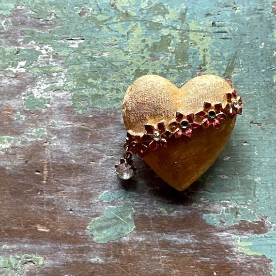 Vintage Heart Brooch Enameled Flowers on Gold Tone Pin Heart Shape Dangling Gem 1960s MYLU Costume Jewelry