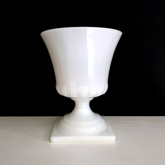 Vintage Milk Glass Urn Footed Vase White Opaque Glass Greek Key Rim at Square Base E.O. Brody MJ-44 J-2520 Urn Planter Glass
