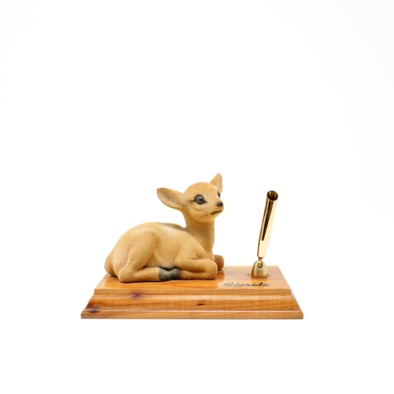 Vintage Flocked Deer Pen Stand Florida Souvenir Wood Base Single Pen Holder Desk Top Organizer