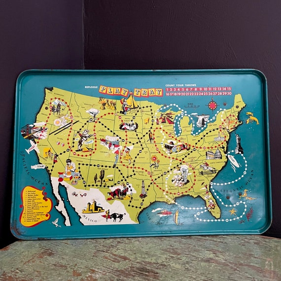 Vintage US Map Tray by Replogle Play Tray Tin Game Count Your Throws 1950s Travel Game Tray with Folding Legs Retro American Landmarks Map