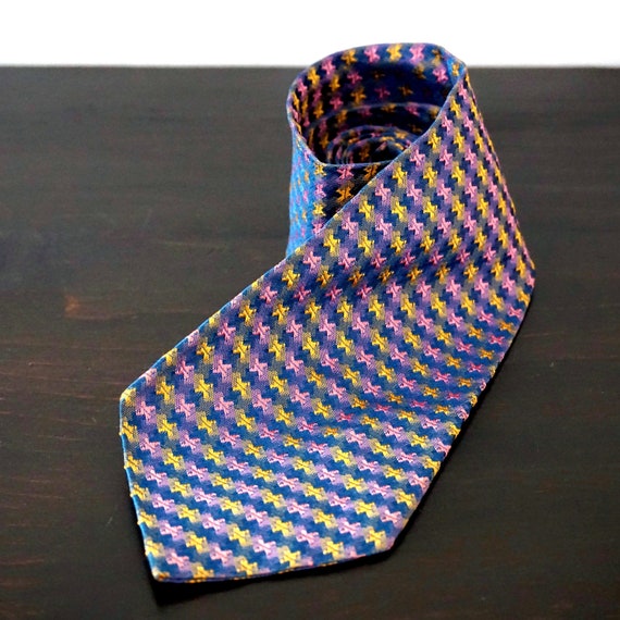 Vintage Tie Pink Yellow Brocade Grey Blue Necktie Mid Century Repeating Check Pattern Rayon Acetate Pastel Colors Tie 60s Menswear Accessory