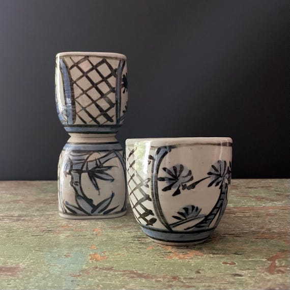 Vintage Gray Glaze Sake Cups, Hand Painted Bamboo Stoneware Set of 3