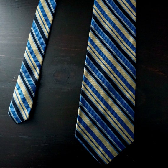 Vintage Necktie Blue Gold Black Olive Green Tie Diagonal Stripe Sheen Textured Fabric Neck Tie Wide Tie Tres Jolis Cravats