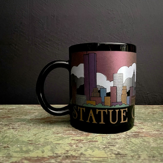 Vintage Mug Statue Of Liberty Metallic Jewel Tone NYC Skyline on Black Mug Manhattan Souvenir Mug New York Cityscape Pre-911 Unused Mug