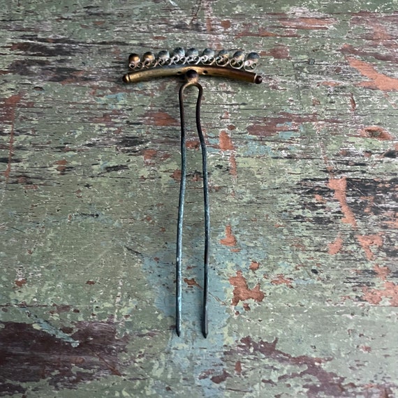 Antique Hair Pin Brass Oxidized Late Victorian St… - image 2