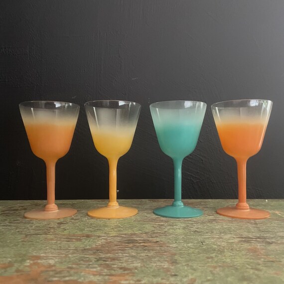 Vintage Blendo Cordial Glasses Set of 4 Footed Glasses Frosted Aqua Orange 50s Barware