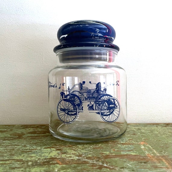 Vintage Jar Ford’s 1ST Model T Graphic Glass Storage Jar With Lid Blue on Clear Glass 1970s Apothecary Jar For Ford Lover's HAS FLAWS WEAR