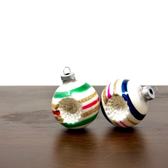 Vintage Ornaments White Glass Balls Indent Striped Gold Glitter Bright Pink Blue and Green Red Stripes Pearly White Balls 1960s Trim