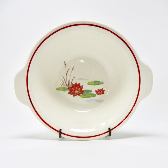 Vintage Water Lilies Bowl Red Rim Art Deco Salem Pattern 1930s Soup Bowl with Handles