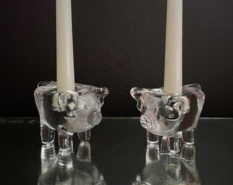 Vintage Pig Candleholders Glass Taper Holders Pigs Kosta Boda Candlesticks Pair Rare Bertil Vallien Design Swedish Art Glass Scandinavian
